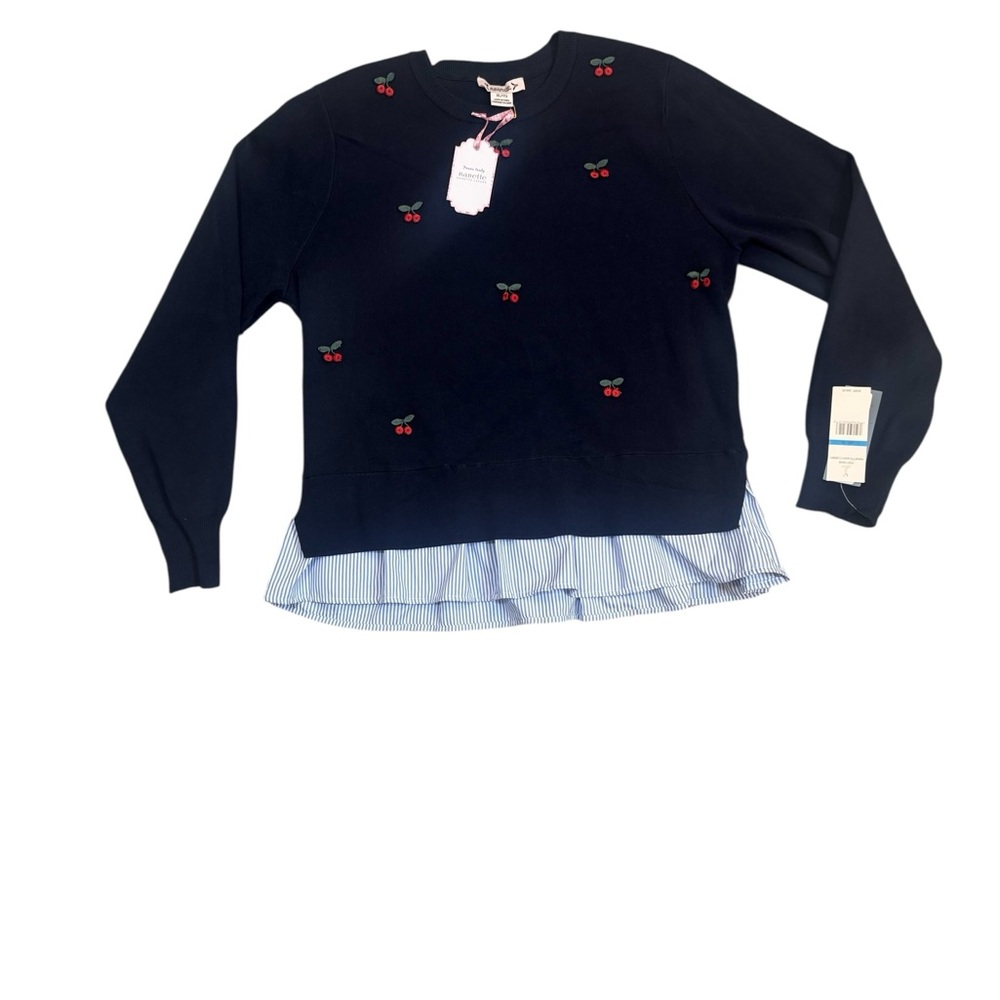 Nanette Lepore Cherry Embroidered Layered Hem Navy Sweater XL NWT